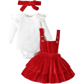 Noubeau Baby Girls Christmas Outfits Long Sleeve Onesie Romper+Velvet Suspender Skirt Set+Headband 3Pcs Fall Winter Clothes