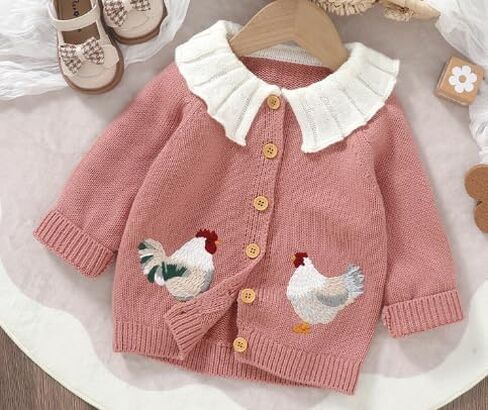 BULINGNA Toddler Baby Girl Cardigan Sweater Chicken Turn-Down Collar Sweatshirt Button Down Knitwear Outwear Farm Outfits in Kuwait