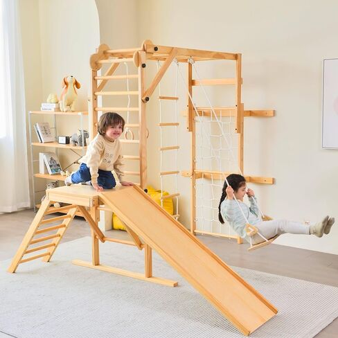 Avenlur Grove 8-in-1 Indoor Jungle Gym with Gymnastic Rings, Climbing Rope, Swing, Slide, Monkey Bars, Rope Wall Net, and Wooden and Rope Ladder - Jungle Play Set for Kids Ages 2-11 Years Old in Kuwait