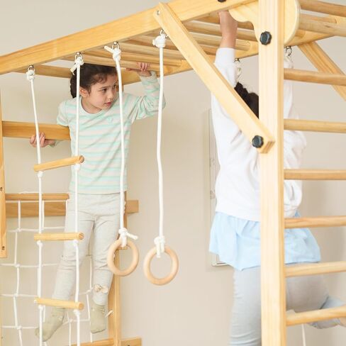 Avenlur Grove 8-in-1 Indoor Jungle Gym with Gymnastic Rings, Climbing Rope, Swing, Slide, Monkey Bars, Rope Wall Net, and Wooden and Rope Ladder - Jungle Play Set for Kids Ages 2-11 Years Old in Kuwait