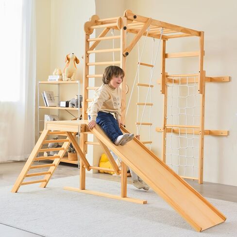 Avenlur Grove 8-in-1 Indoor Jungle Gym with Gymnastic Rings, Climbing Rope, Swing, Slide, Monkey Bars, Rope Wall Net, and Wooden and Rope Ladder - Jungle Play Set for Kids Ages 2-11 Years Old in Kuwait
