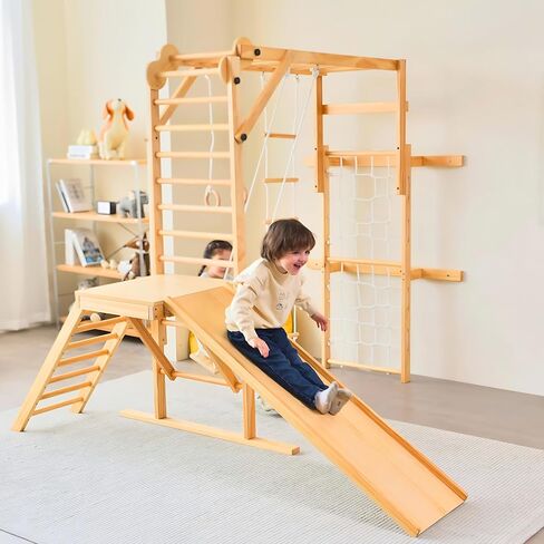 Avenlur Grove 8-in-1 Indoor Jungle Gym with Gymnastic Rings, Climbing Rope, Swing, Slide, Monkey Bars, Rope Wall Net, and Wooden and Rope Ladder - Jungle Play Set for Kids Ages 2-11 Years Old in Kuwait