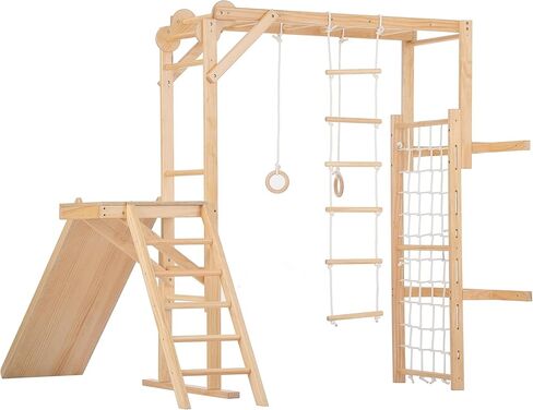 Avenlur Grove 8-in-1 Indoor Jungle Gym with Gymnastic Rings, Climbing Rope, Swing, Slide, Monkey Bars, Rope Wall Net, and Wooden and Rope Ladder - Jungle Play Set for Kids Ages 2-11 Years Old in Kuwait