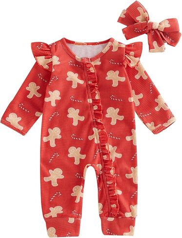 Newborn Baby Girl Christmas Ruffle Romper Knit Sweater Onesie Jumpsuit Long Sleeve Zipper Gingerbread Print Outfits in Kuwait