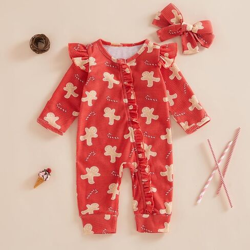 Newborn Baby Girl Christmas Ruffle Romper Knit Sweater Onesie Jumpsuit Long Sleeve Zipper Gingerbread Print Outfits in Kuwait