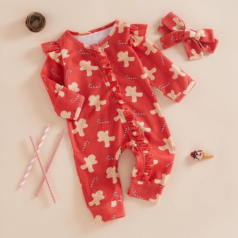 Newborn Baby Girl Christmas Ruffle Romper Knit Sweater Onesie Jumpsuit Long Sleeve Zipper Gingerbread Print Outfits in Kuwait
