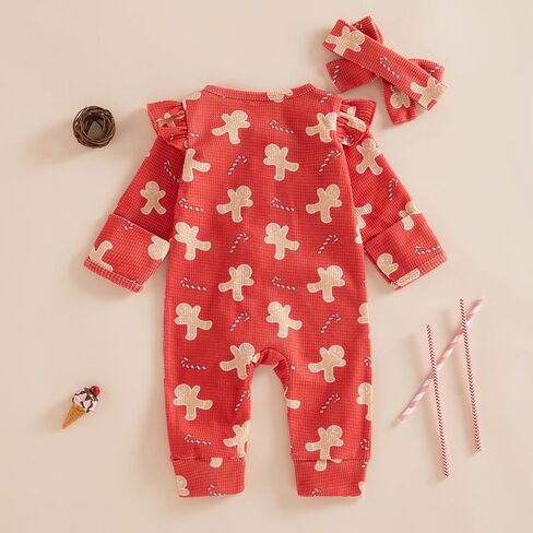 Newborn Baby Girl Christmas Ruffle Romper Knit Sweater Onesie Jumpsuit Long Sleeve Zipper Gingerbread Print Outfits in Kuwait