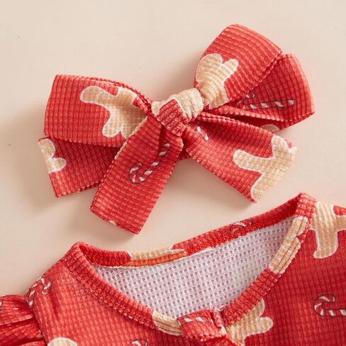 Newborn Baby Girl Christmas Ruffle Romper Knit Sweater Onesie Jumpsuit Long Sleeve Zipper Gingerbread Print Outfits in Kuwait