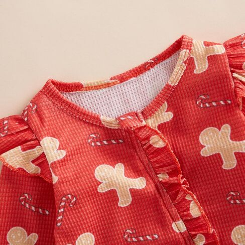 Newborn Baby Girl Christmas Ruffle Romper Knit Sweater Onesie Jumpsuit Long Sleeve Zipper Gingerbread Print Outfits in Kuwait