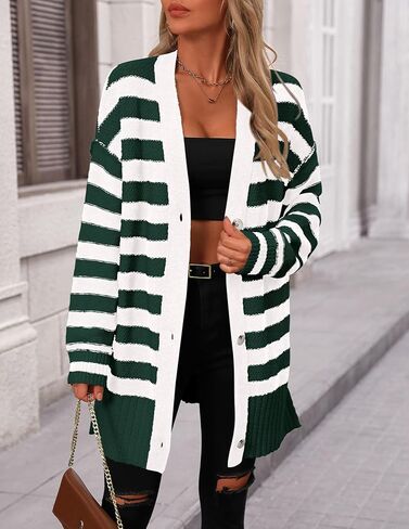 سترة صوفية نسائية مخططة من PRETTYGARDEN بأكمام طويلة وأزرار سفلية ومتماسكة كبيرة الحجم معطف الخريف in Kuwait