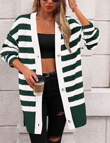 سترة صوفية نسائية مخططة من PRETTYGARDEN بأكمام طويلة وأزرار سفلية ومتماسكة كبيرة الحجم معطف الخريف in Kuwait