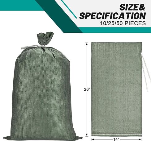 Flood Control Empty Sand Bags 25PCS, Durable Green Flood Bags, 14"x26" Large Capacity 50lbs, with Tie Closure, UV Resistant Design, Multi-Purpose Emergency Flood and Storm Protection in Kuwait