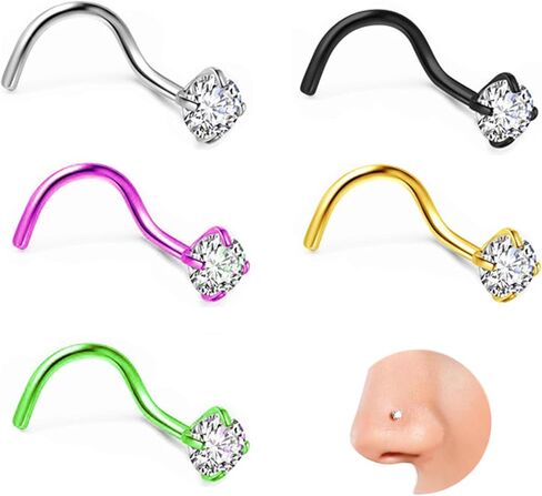 Nose Rings for Women, 5Pcs 18G Nose Screw Rings Studs, CZ Nose Piercing, Titanium Nose Studs for Nostril Nose Piercing Jewelry in Saudi Arabia