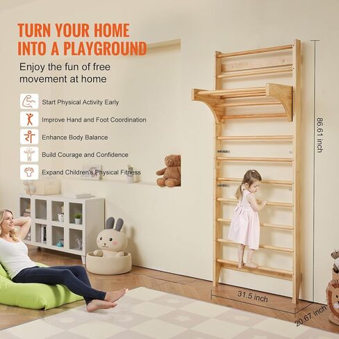 VEVOR Swedish Ladder Wall Gym, 10-Level Wooden Indoor Jungle Gym, 220 lbs Load Capacity Playground Climbing Toys for Kids and Adults, Pine Wood Swedish Climbing Wall Bars, Natural Wood Color in Saudi Arabia