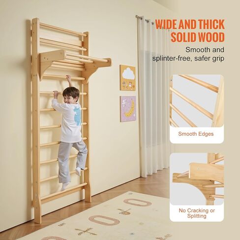 VEVOR Swedish Ladder Wall Gym, 10-Level Wooden Indoor Jungle Gym, 220 lbs Load Capacity Playground Climbing Toys for Kids and Adults, Pine Wood Swedish Climbing Wall Bars, Natural Wood Color in Saudi Arabia