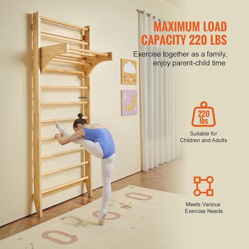 VEVOR Swedish Ladder Wall Gym, 10-Level Wooden Indoor Jungle Gym, 220 lbs Load Capacity Playground Climbing Toys for Kids and Adults, Pine Wood Swedish Climbing Wall Bars, Natural Wood Color in Saudi Arabia