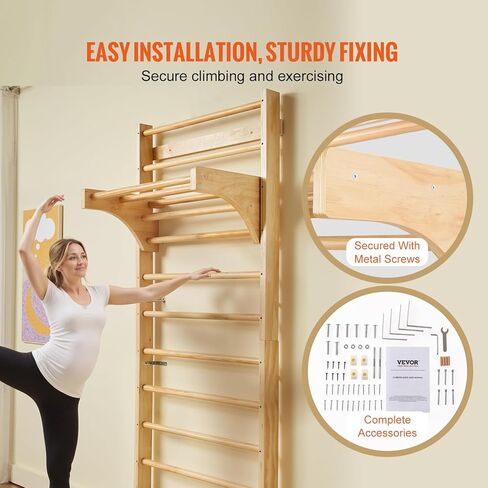 VEVOR Swedish Ladder Wall Gym, 10-Level Wooden Indoor Jungle Gym, 220 lbs Load Capacity Playground Climbing Toys for Kids and Adults, Pine Wood Swedish Climbing Wall Bars, Natural Wood Color in Saudi Arabia
