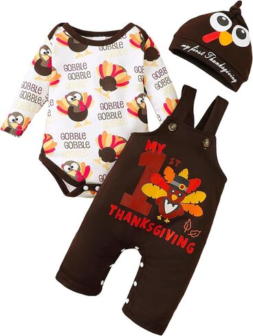 Thanksgiving Baby Boy Outfit, First Thanksgiving Romper+Brown Jumpsuit+Turkey Hat 3pcs My First Thanksgiving Outfit in Saudi Arabia