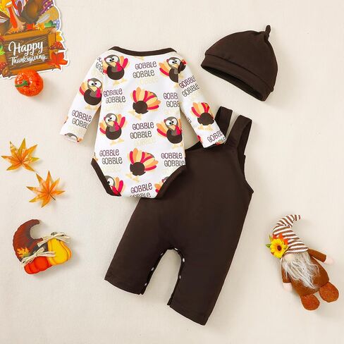 Thanksgiving Baby Boy Outfit, First Thanksgiving Romper+Brown Jumpsuit+Turkey Hat 3pcs My First Thanksgiving Outfit in Saudi Arabia