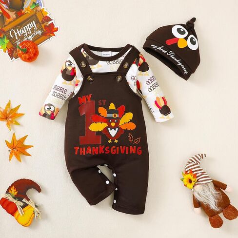 Thanksgiving Baby Boy Outfit, First Thanksgiving Romper+Brown Jumpsuit+Turkey Hat 3pcs My First Thanksgiving Outfit in Saudi Arabia