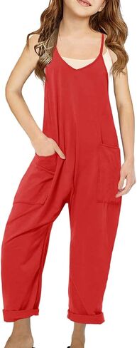 Girls' Casual Sleeveless Strap Loose JumpsuitsRomper Long Pants with Pockets in Saudi Arabia