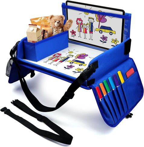 Kids Travel Tray for Toddler Car Seat, Carseat Table Tray for Kids Road Trip Activities, Car Trays for Kids Roadtrip Essentials, Toddler Lap Desk Organizer for Airplane - Black in Kuwait