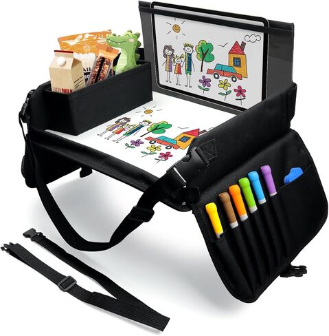 Kids Travel Tray for Toddler Car Seat, Carseat Table Tray for Kids Road Trip Activities, Car Trays for Kids Roadtrip Essentials, Toddler Lap Desk Organizer for Airplane - Black in Kuwait