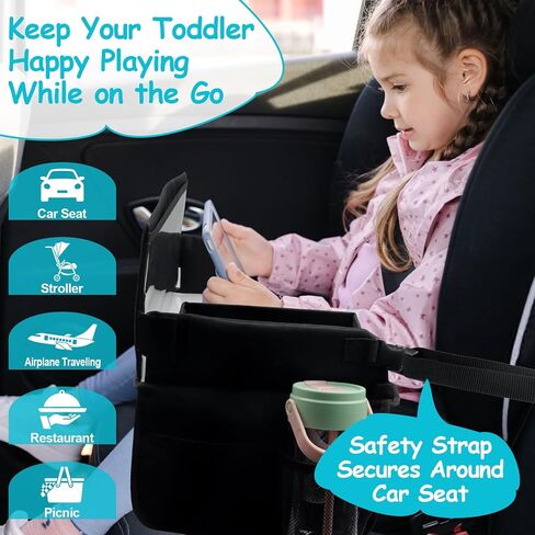 Kids Travel Tray for Toddler Car Seat, Carseat Table Tray for Kids Road Trip Activities, Car Trays for Kids Roadtrip Essentials, Toddler Lap Desk Organizer for Airplane - Black in Kuwait