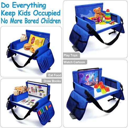 Kids Travel Tray for Toddler Car Seat, Carseat Table Tray for Kids Road Trip Activities, Car Trays for Kids Roadtrip Essentials, Toddler Lap Desk Organizer for Airplane - Black in Kuwait