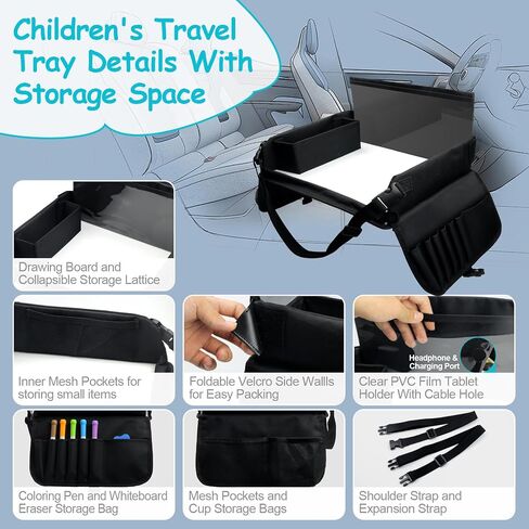 Kids Travel Tray for Toddler Car Seat, Carseat Table Tray for Kids Road Trip Activities, Car Trays for Kids Roadtrip Essentials, Toddler Lap Desk Organizer for Airplane - Black in Kuwait