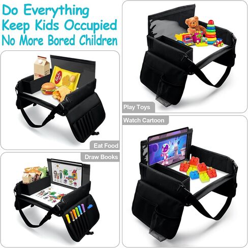 Kids Travel Tray for Toddler Car Seat, Carseat Table Tray for Kids Road Trip Activities, Car Trays for Kids Roadtrip Essentials, Toddler Lap Desk Organizer for Airplane - Black in Kuwait