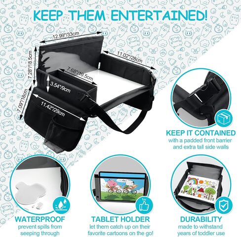 Kids Travel Tray for Toddler Car Seat, Carseat Table Tray for Kids Road Trip Activities, Car Trays for Kids Roadtrip Essentials, Toddler Lap Desk Organizer for Airplane - Black in Kuwait