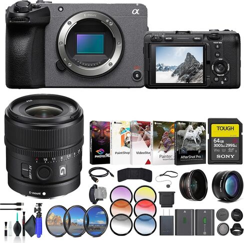 Sony FX30 Digital Cinema Camera ILME-FX30B, E 15mm G Lens, 64GB SF-G Tough Card, Filter Kit, Wide Angle Lens, Telephoto Lens, Color Filter Kit, Lens Hood, Bag, and More in Saudi Arabia