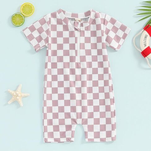 Toddler Baby Boy Rash Guard Swimsuit Checkerboard Short Sleeve One Piece Zipper Bathing Suit Swimwear Beach Sunsuit in Kuwait