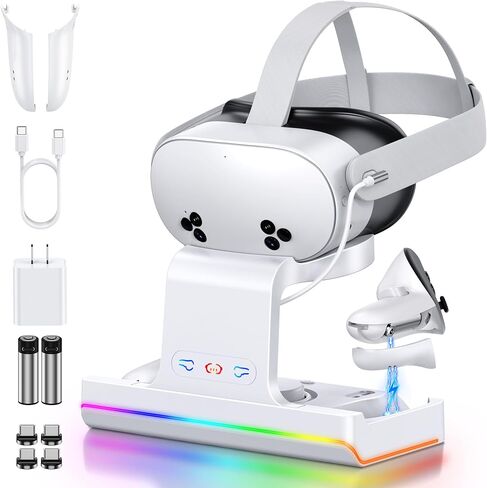 قاعدة شحن لـ Meta Quest 3S/Quest 3، محطة شحن سريعة 18 واط لـ Oculus Quest 3S/3 مع ضوء RGB، بطاريتان قابلتان لإعادة الشحن، شاحن مغناطيسي لسماعات Quest 3S/3 VR، دعم حزام النخبة in Kuwait