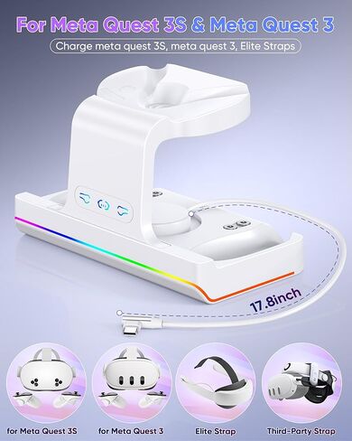 قاعدة شحن لـ Meta Quest 3S/Quest 3، محطة شحن سريعة 18 واط لـ Oculus Quest 3S/3 مع ضوء RGB، بطاريتان قابلتان لإعادة الشحن، شاحن مغناطيسي لسماعات Quest 3S/3 VR، دعم حزام النخبة in Kuwait