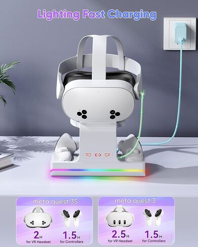 قاعدة شحن لـ Meta Quest 3S/Quest 3، محطة شحن سريعة 18 واط لـ Oculus Quest 3S/3 مع ضوء RGB، بطاريتان قابلتان لإعادة الشحن، شاحن مغناطيسي لسماعات Quest 3S/3 VR، دعم حزام النخبة in Kuwait