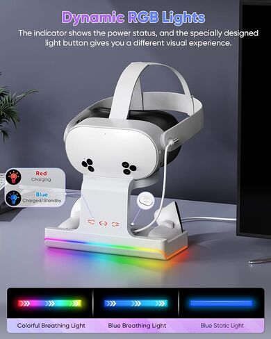 قاعدة شحن لـ Meta Quest 3S/Quest 3، محطة شحن سريعة 18 واط لـ Oculus Quest 3S/3 مع ضوء RGB، بطاريتان قابلتان لإعادة الشحن، شاحن مغناطيسي لسماعات Quest 3S/3 VR، دعم حزام النخبة in Kuwait