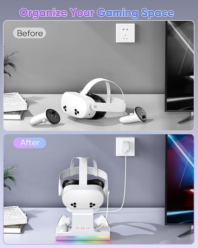 قاعدة شحن لـ Meta Quest 3S/Quest 3، محطة شحن سريعة 18 واط لـ Oculus Quest 3S/3 مع ضوء RGB، بطاريتان قابلتان لإعادة الشحن، شاحن مغناطيسي لسماعات Quest 3S/3 VR، دعم حزام النخبة in Kuwait