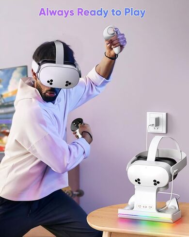 قاعدة شحن لـ Meta Quest 3S/Quest 3، محطة شحن سريعة 18 واط لـ Oculus Quest 3S/3 مع ضوء RGB، بطاريتان قابلتان لإعادة الشحن، شاحن مغناطيسي لسماعات Quest 3S/3 VR، دعم حزام النخبة in Kuwait