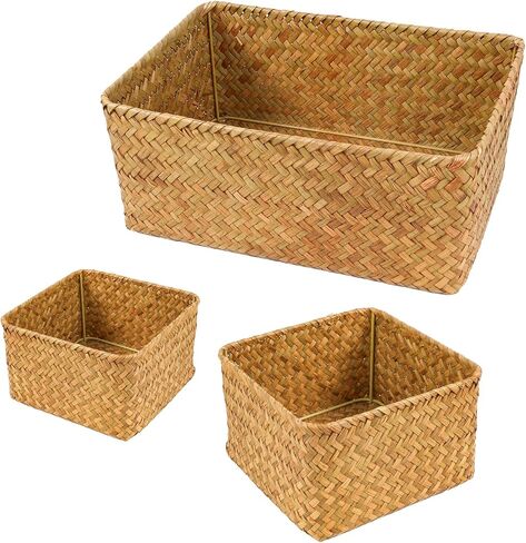 Storage Basket for Living room & Bathroom Organizing, Decorative Woven Seagrass Baskets with Metal Frame, Storage Boxes for Shelves Books Towels Toys Snacks, Set of 3 Basket Organizer,Natural in Saudi Arabia