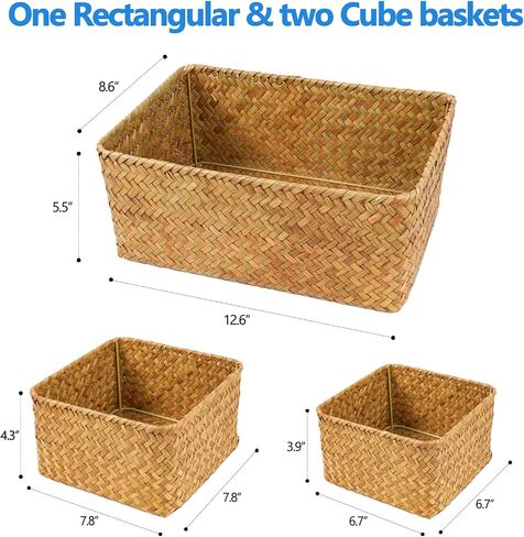 Storage Basket for Living room & Bathroom Organizing, Decorative Woven Seagrass Baskets with Metal Frame, Storage Boxes for Shelves Books Towels Toys Snacks, Set of 3 Basket Organizer,Natural in Saudi Arabia