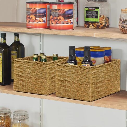 Storage Basket for Living room & Bathroom Organizing, Decorative Woven Seagrass Baskets with Metal Frame, Storage Boxes for Shelves Books Towels Toys Snacks, Set of 3 Basket Organizer,Natural in Saudi Arabia