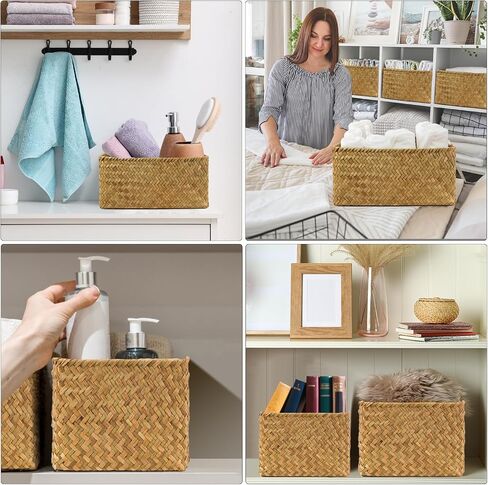 Storage Basket for Living room & Bathroom Organizing, Decorative Woven Seagrass Baskets with Metal Frame, Storage Boxes for Shelves Books Towels Toys Snacks, Set of 3 Basket Organizer,Natural in Saudi Arabia