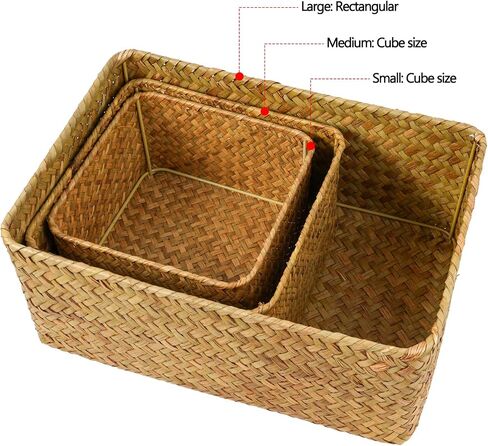 Storage Basket for Living room & Bathroom Organizing, Decorative Woven Seagrass Baskets with Metal Frame, Storage Boxes for Shelves Books Towels Toys Snacks, Set of 3 Basket Organizer,Natural in Saudi Arabia