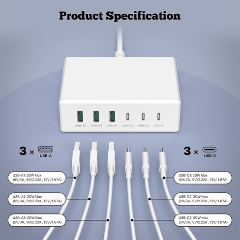 شاحن USB C، حامل شاحن USB C بقوة 55 وات و6 منافذ USB C، محطة شحن USB متعددة لسطح المكتب، شاحن USB متعدد المنافذ 2 USB C 4 USB A متوافق مع iPhone/Google/Xiaomi/Oppo/Tablet إلخ. in Saudi Arabia