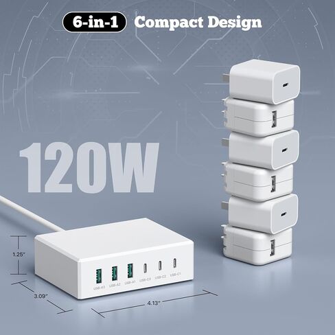 شاحن USB C، حامل شاحن USB C بقوة 55 وات و6 منافذ USB C، محطة شحن USB متعددة لسطح المكتب، شاحن USB متعدد المنافذ 2 USB C 4 USB A متوافق مع iPhone/Google/Xiaomi/Oppo/Tablet إلخ. in Saudi Arabia