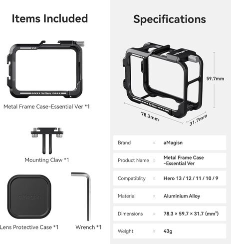 Aluminium Protective Cage with Lens Silicone Case for Gopro Hero 13/12/11/10/9 Black,Metal Durable Housing Cage Support Vertical and Horizontal Shooting in Saudi Arabia