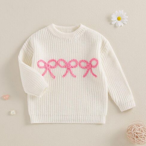 Infant Baby Girl Winter Clothes Embroidered Bow Knitted Sweater Long Sleeve Oversized Sweatshirt Fall Outfit in Kuwait