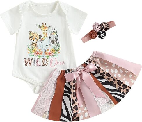 Lamuusaa Toddler Baby Girl Birthday Outfit Wild One Romper Shirts Patchwork Leopard Skirts Headband Summer Clothes in Saudi Arabia